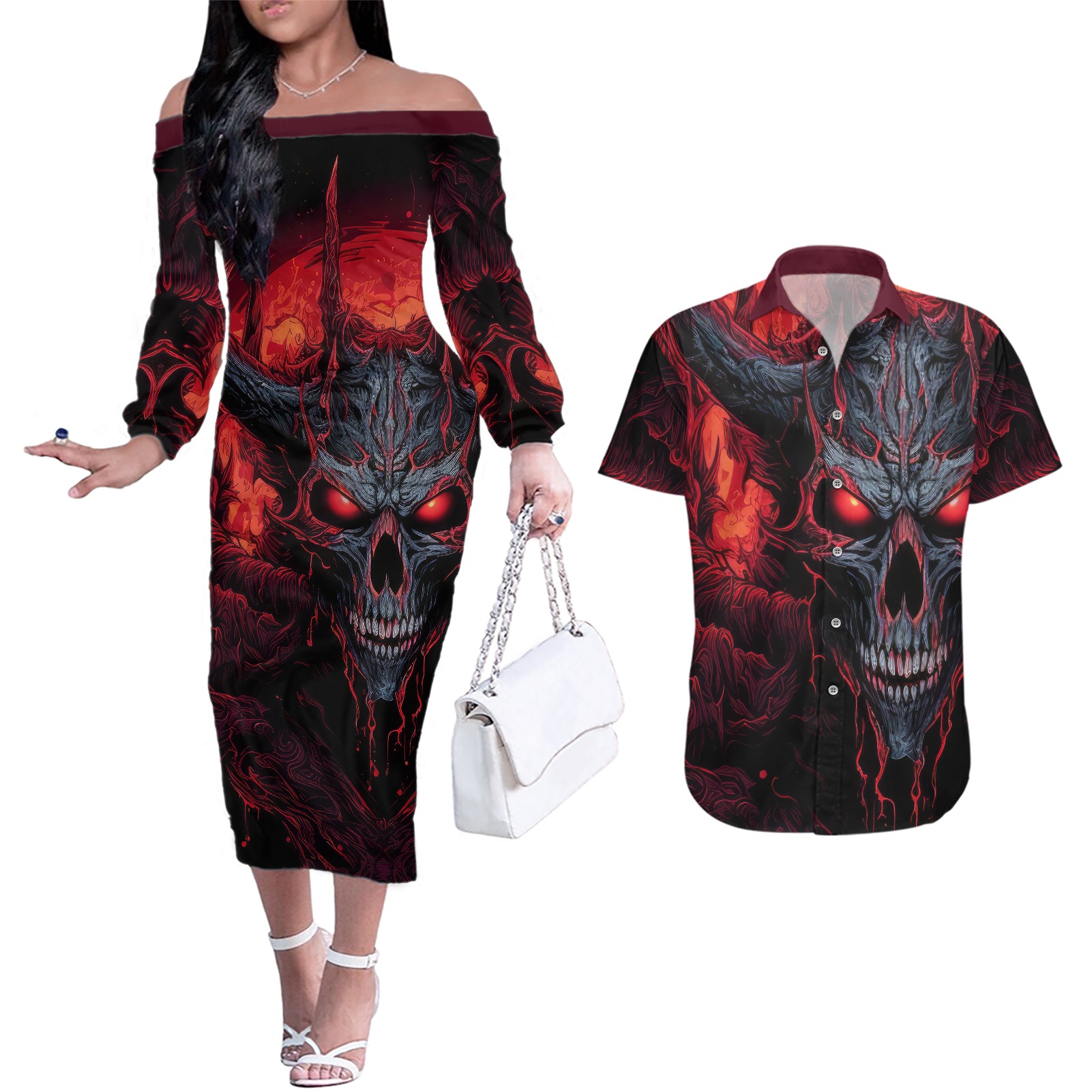 demon-skull-couples-matching-off-the-shoulder-long-sleeve-dress-and-hawaiian-shirt-you-better-pray-i-dont-get-up