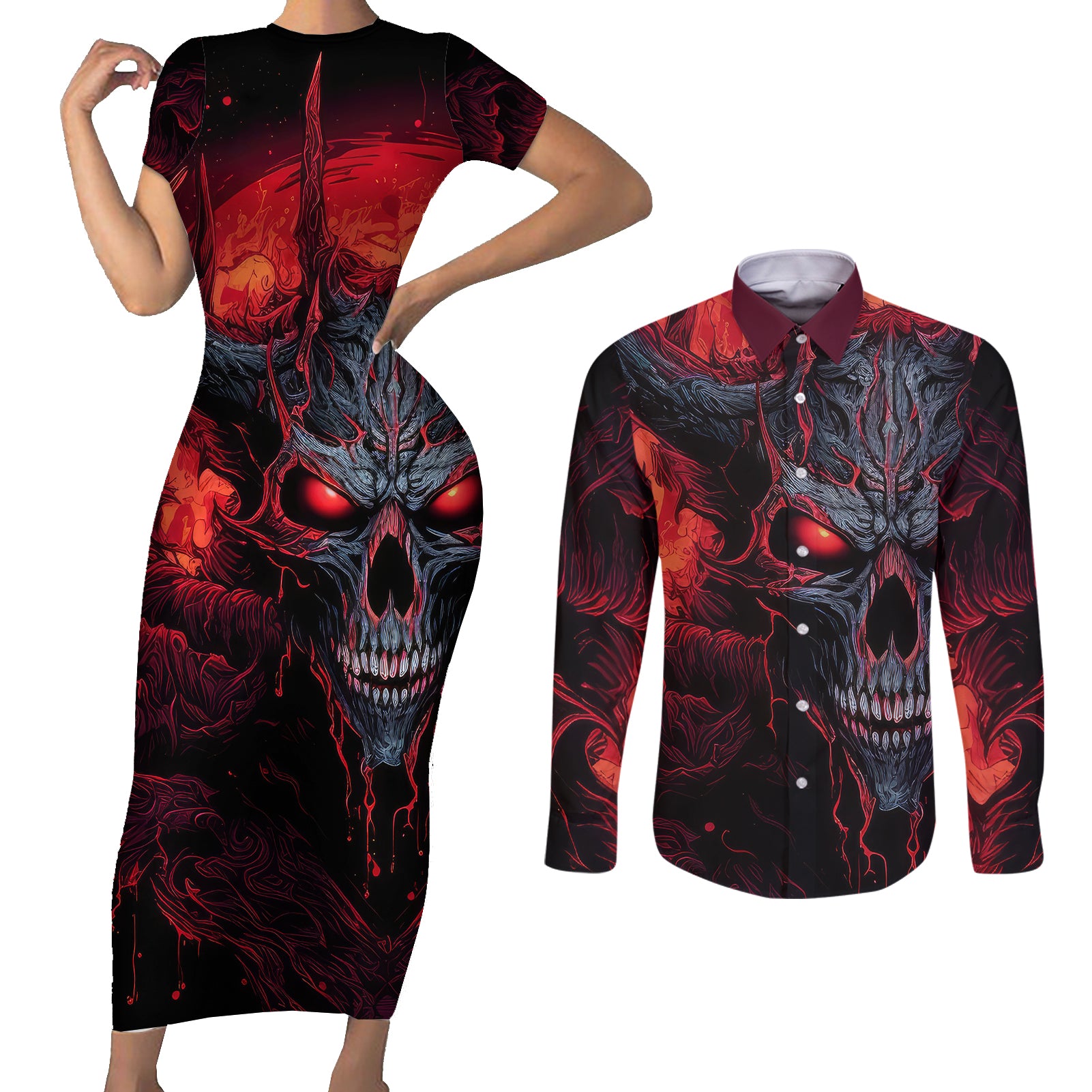 demon-skull-couples-matching-short-sleeve-bodycon-dress-and-long-sleeve-button-shirts-you-better-pray-i-dont-get-up