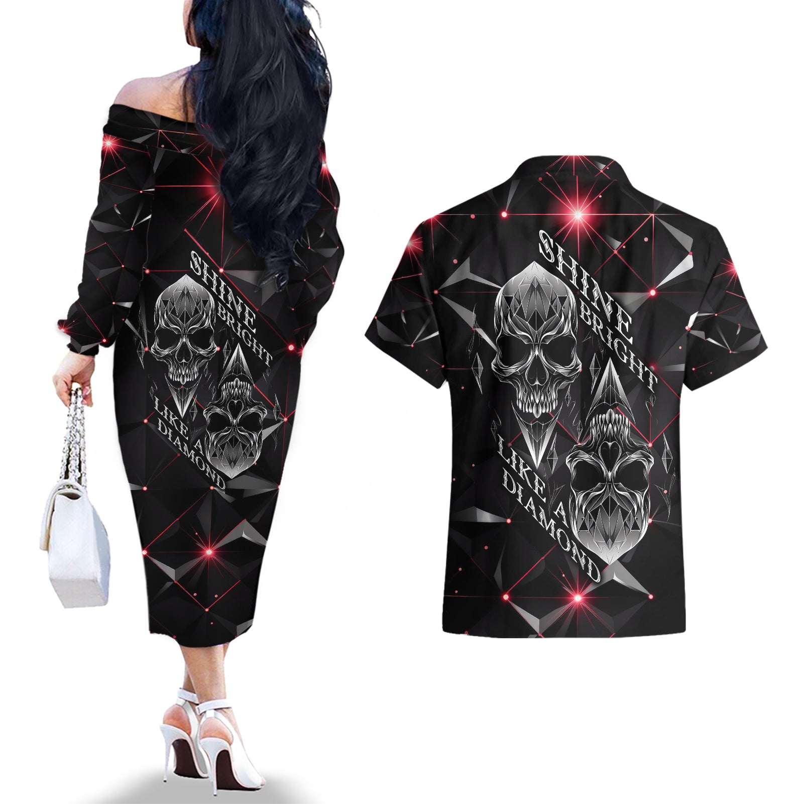 diamond-skull-couples-matching-off-the-shoulder-long-sleeve-dress-and-hawaiian-shirt-shine-bright-like-diamond