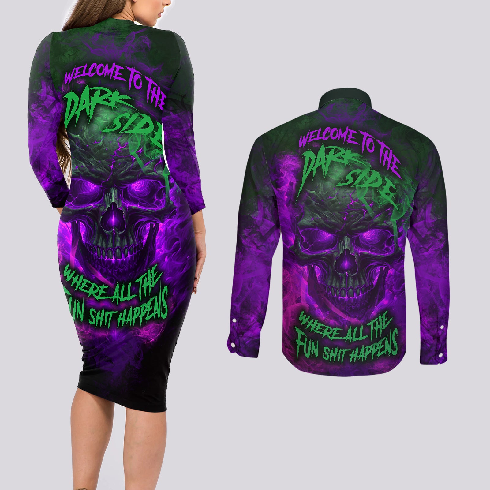 horor-skull-couples-matching-long-sleeve-bodycon-dress-and-long-sleeve-button-shirts-welcome-to-the-dark-side