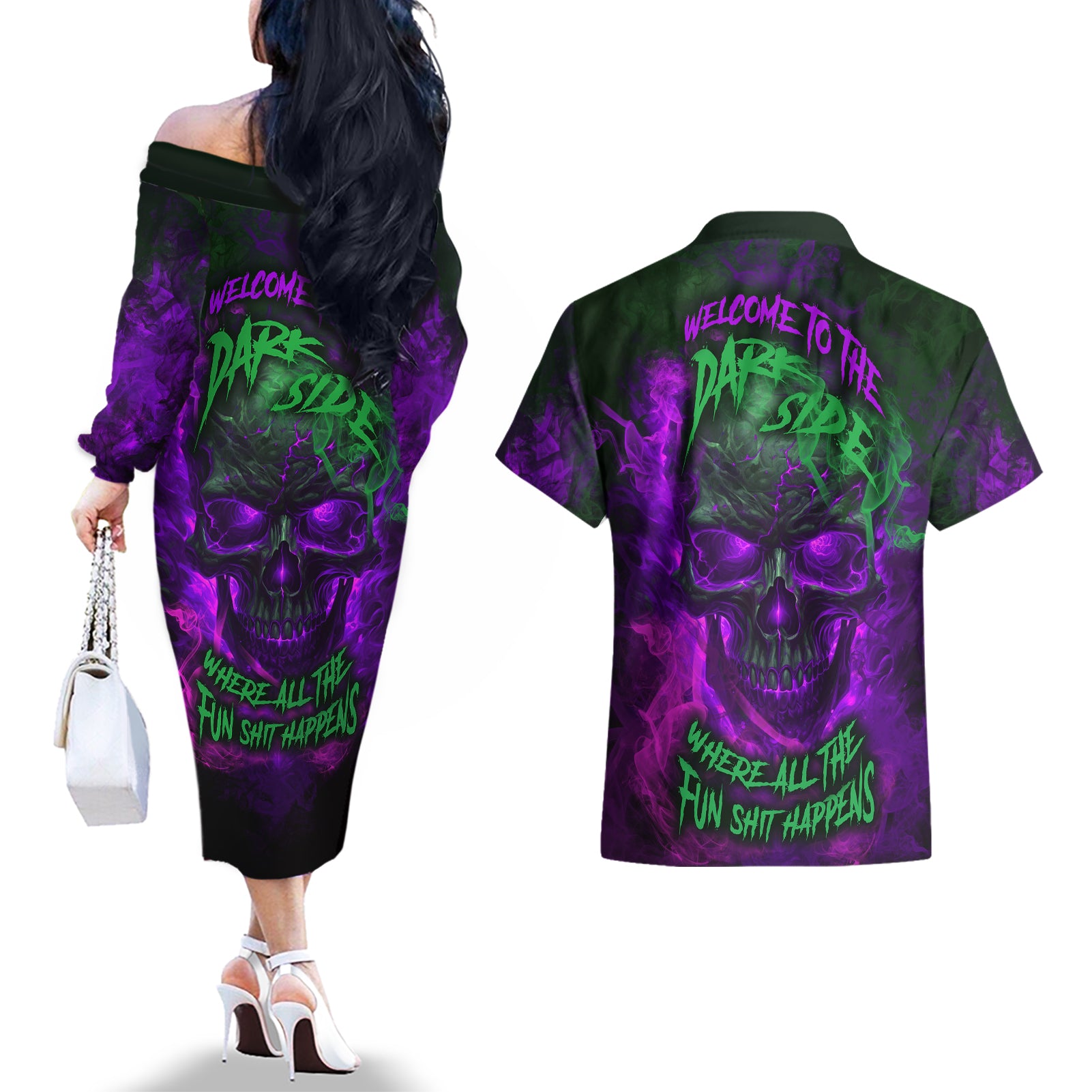 horor-skull-couples-matching-off-the-shoulder-long-sleeve-dress-and-hawaiian-shirt-welcome-to-the-dark-side