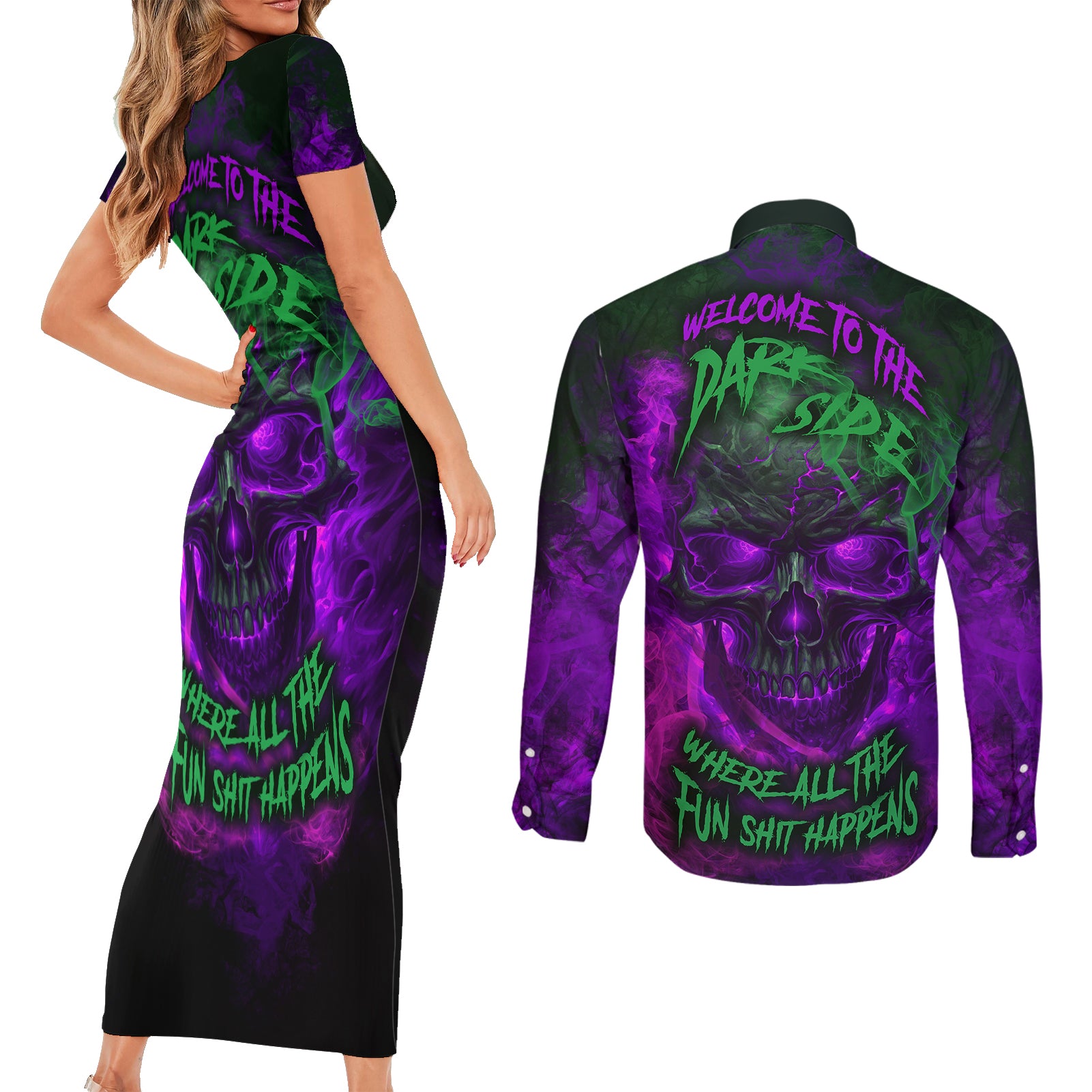 horor-skull-couples-matching-short-sleeve-bodycon-dress-and-long-sleeve-button-shirts-welcome-to-the-dark-side