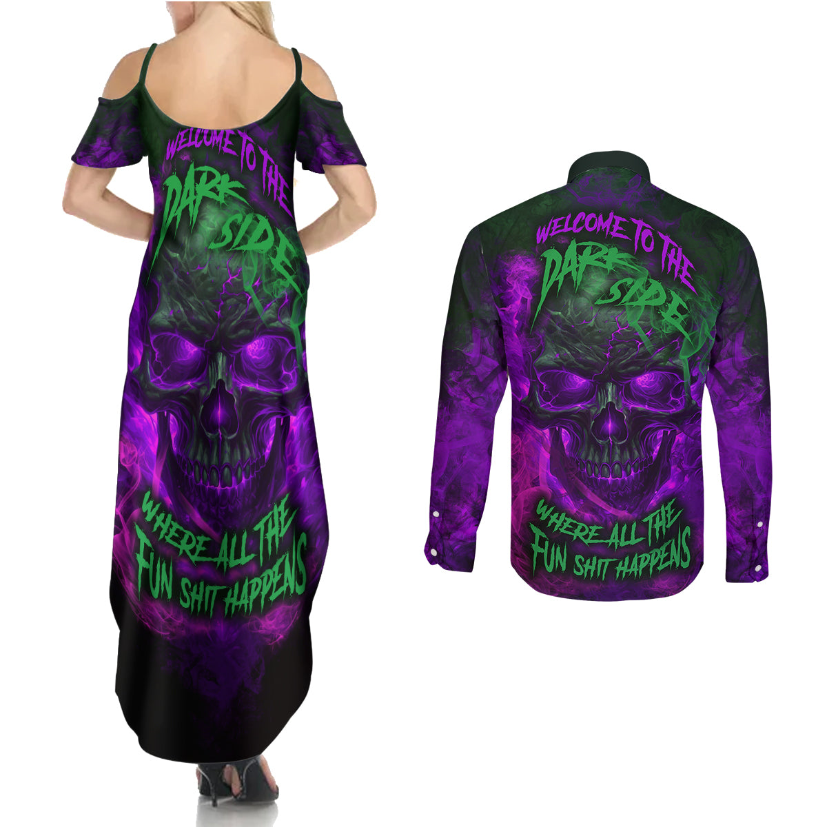 horor-skull-couples-matching-summer-maxi-dress-and-long-sleeve-button-shirts-welcome-to-the-dark-side