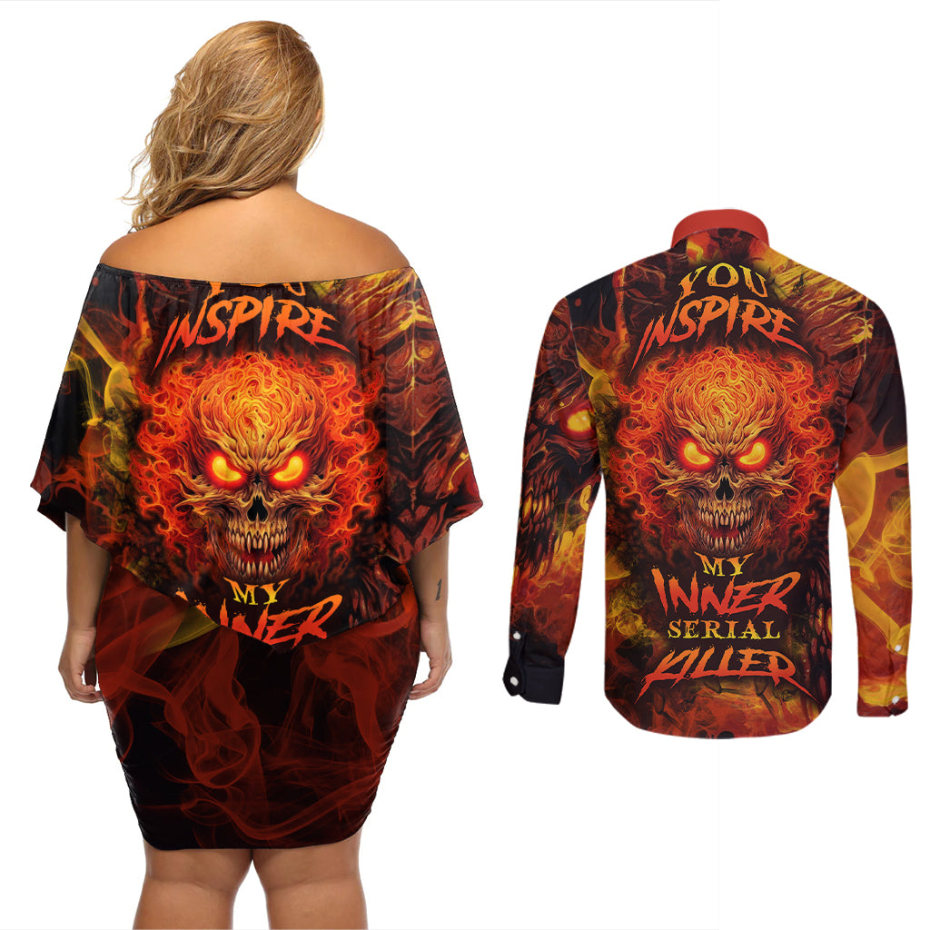 fire-skull-couples-matching-off-shoulder-short-dress-and-long-sleeve-button-shirts-you-inspire-my-inner-serial-killed