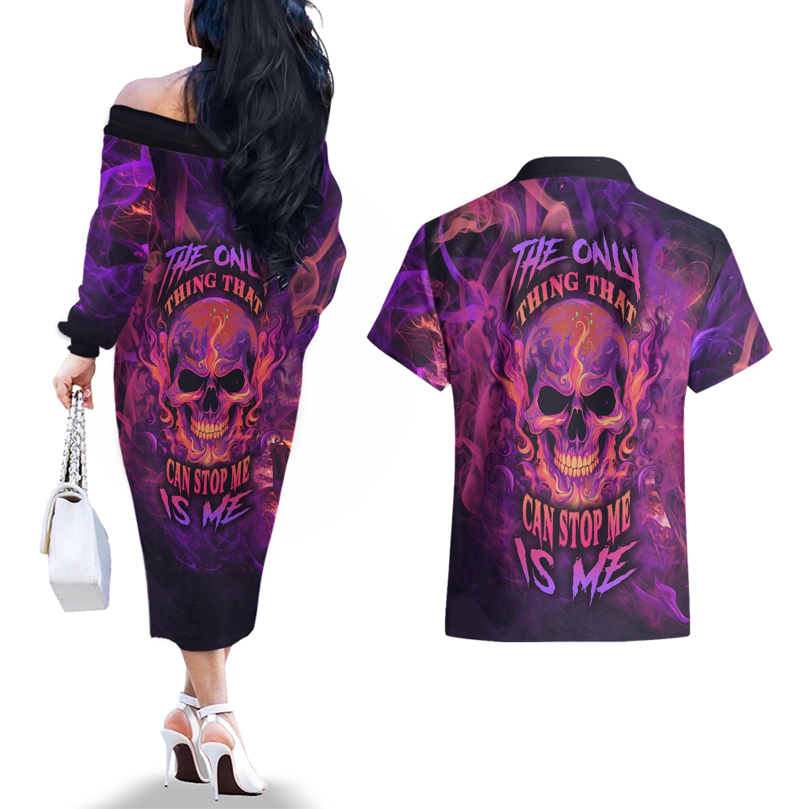 fire-skull-couples-matching-off-the-shoulder-long-sleeve-dress-and-hawaiian-shirt-the-only-thing-that-can-stop-me-is-me