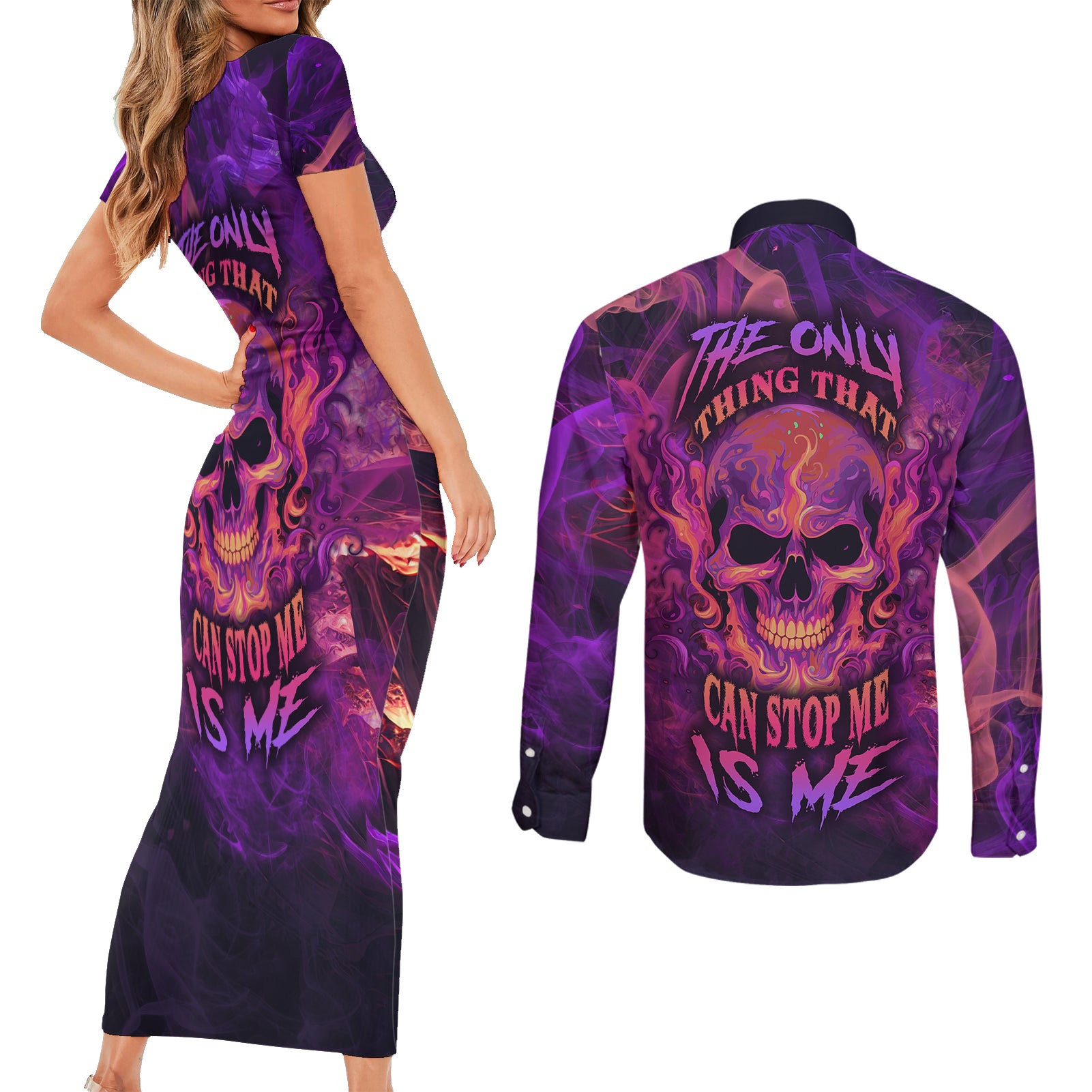 fire-skull-couples-matching-short-sleeve-bodycon-dress-and-long-sleeve-button-shirts-the-only-thing-that-can-stop-me-is-me