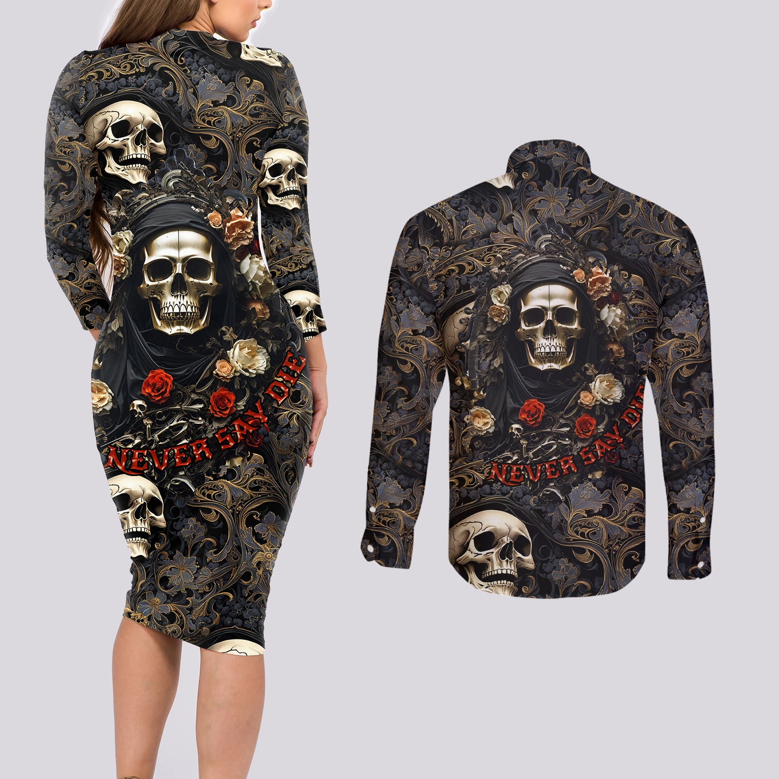 skull-roses-couples-matching-long-sleeve-bodycon-dress-and-long-sleeve-button-shirts-never-say-die