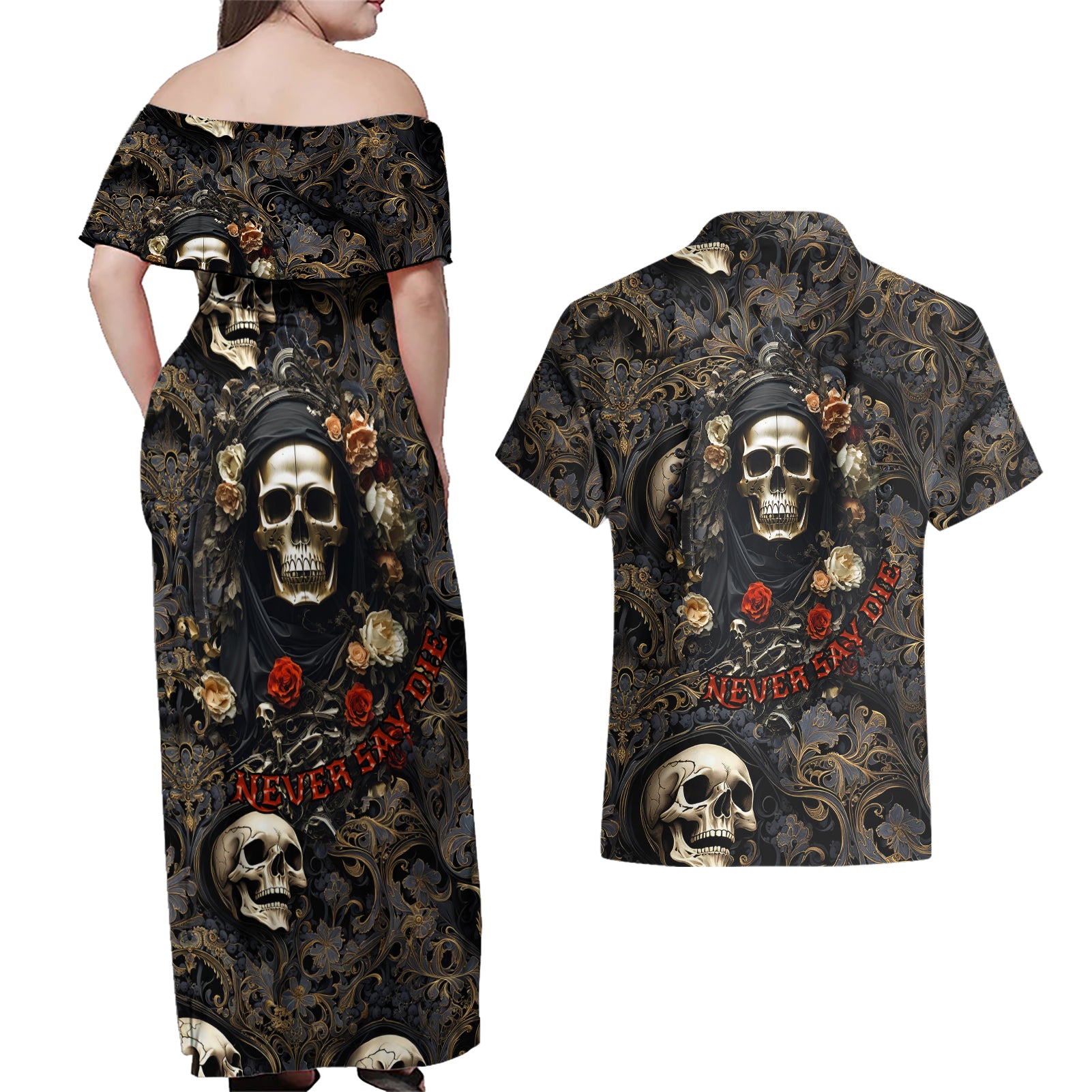 skull-roses-couples-matching-off-shoulder-maxi-dress-and-hawaiian-shirt-never-say-die