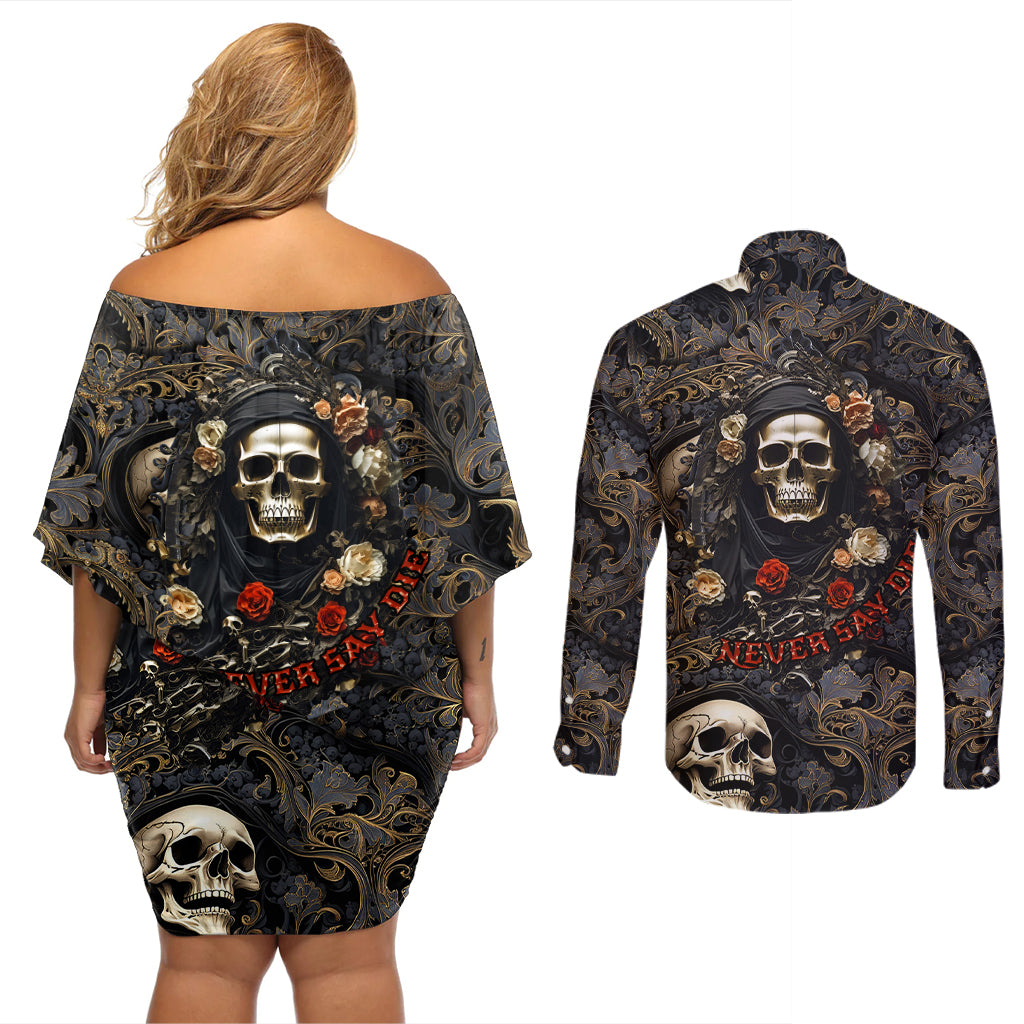 skull-roses-couples-matching-off-shoulder-short-dress-and-long-sleeve-button-shirts-never-say-die