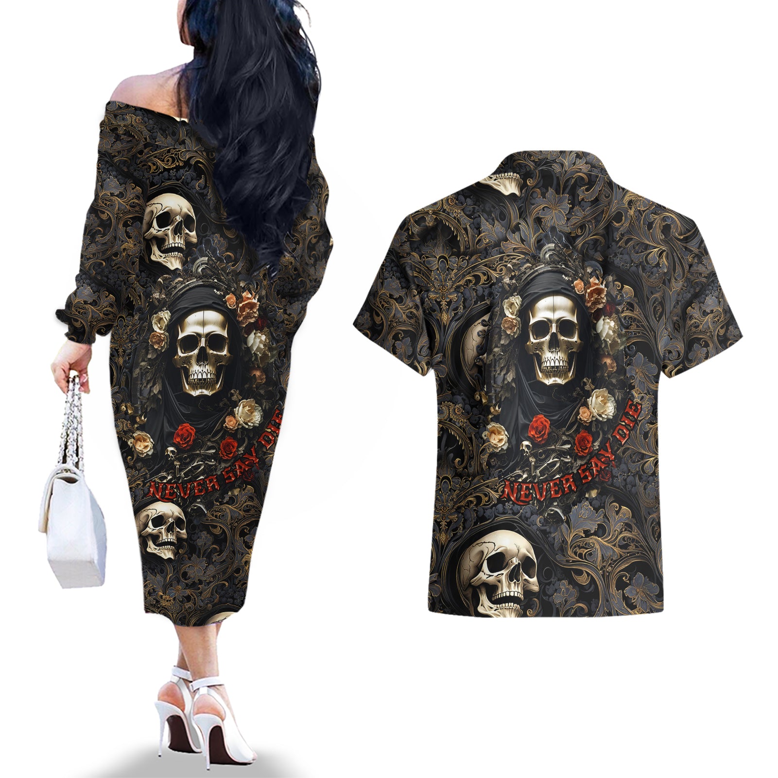 skull-roses-couples-matching-off-the-shoulder-long-sleeve-dress-and-hawaiian-shirt-never-say-die