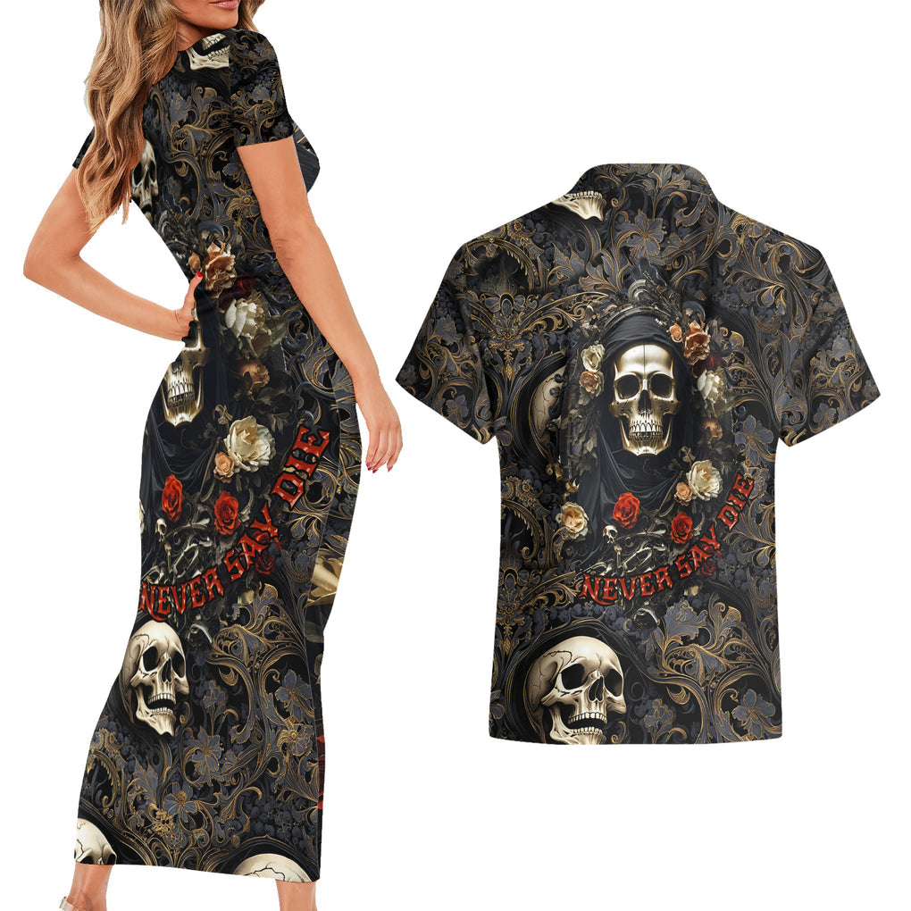 skull-roses-couples-matching-short-sleeve-bodycon-dress-and-hawaiian-shirt-never-say-die