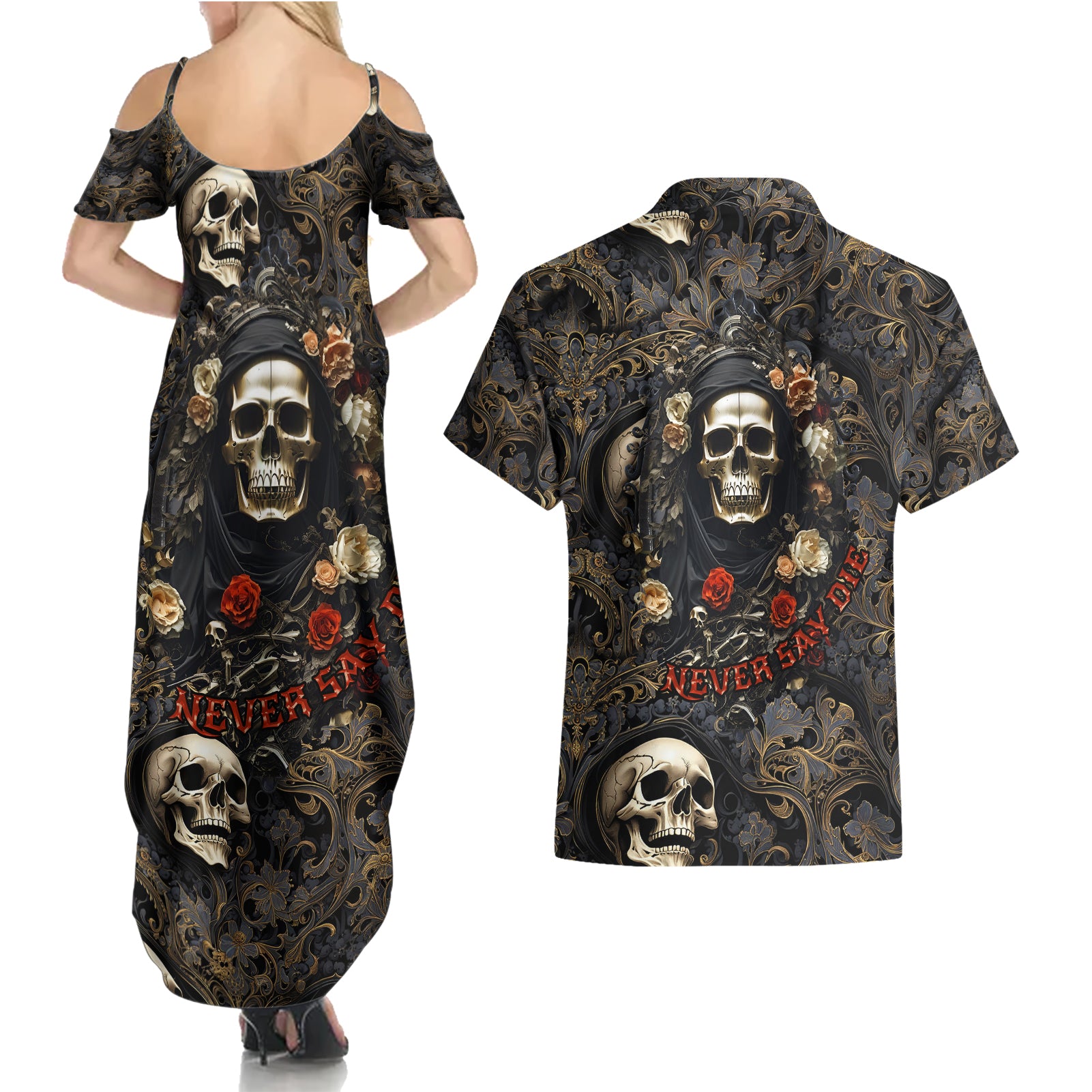 skull-roses-couples-matching-summer-maxi-dress-and-hawaiian-shirt-never-say-die