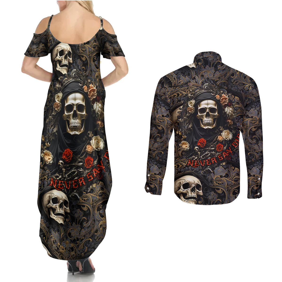 skull-roses-couples-matching-summer-maxi-dress-and-long-sleeve-button-shirts-never-say-die