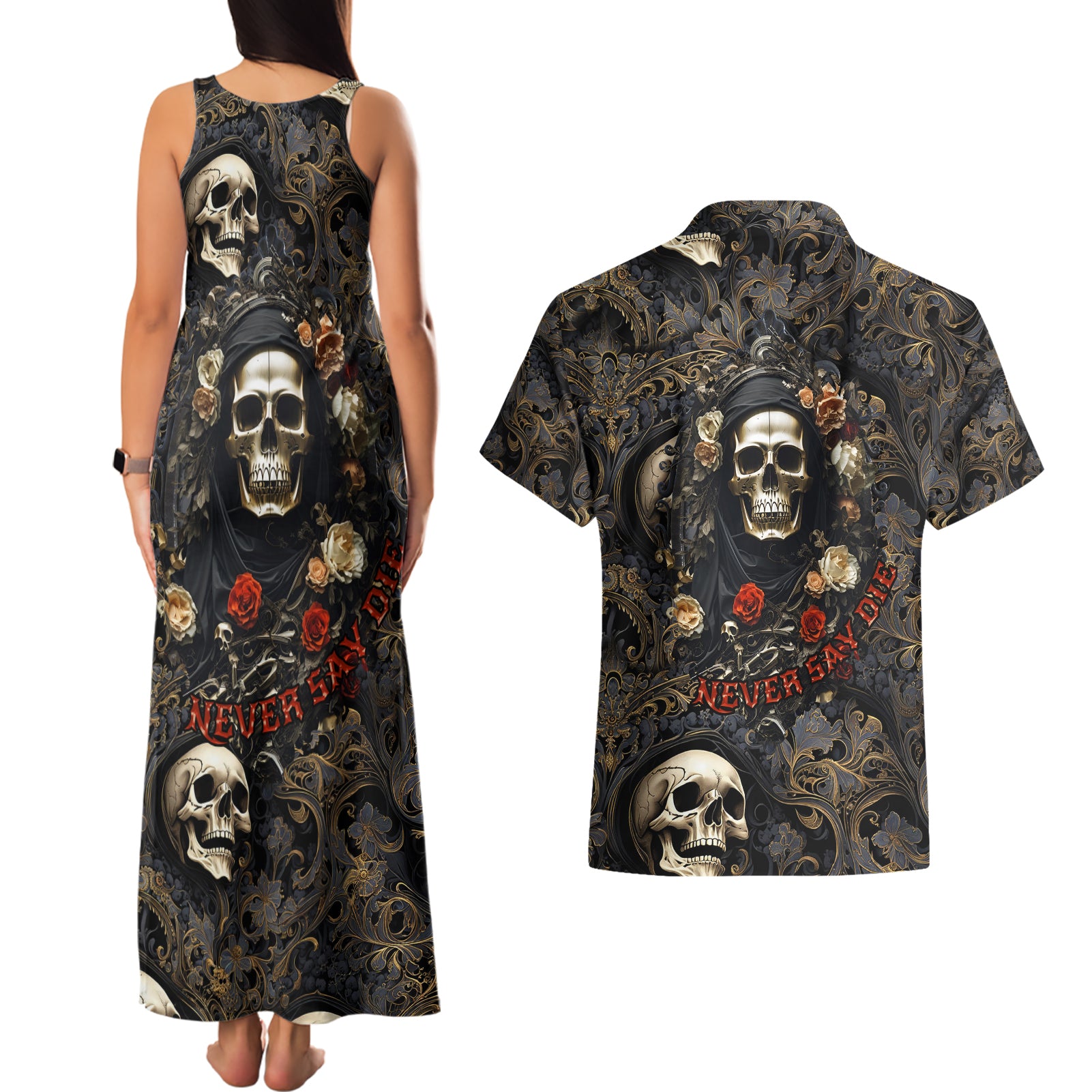 skull-roses-couples-matching-tank-maxi-dress-and-hawaiian-shirt-never-say-die