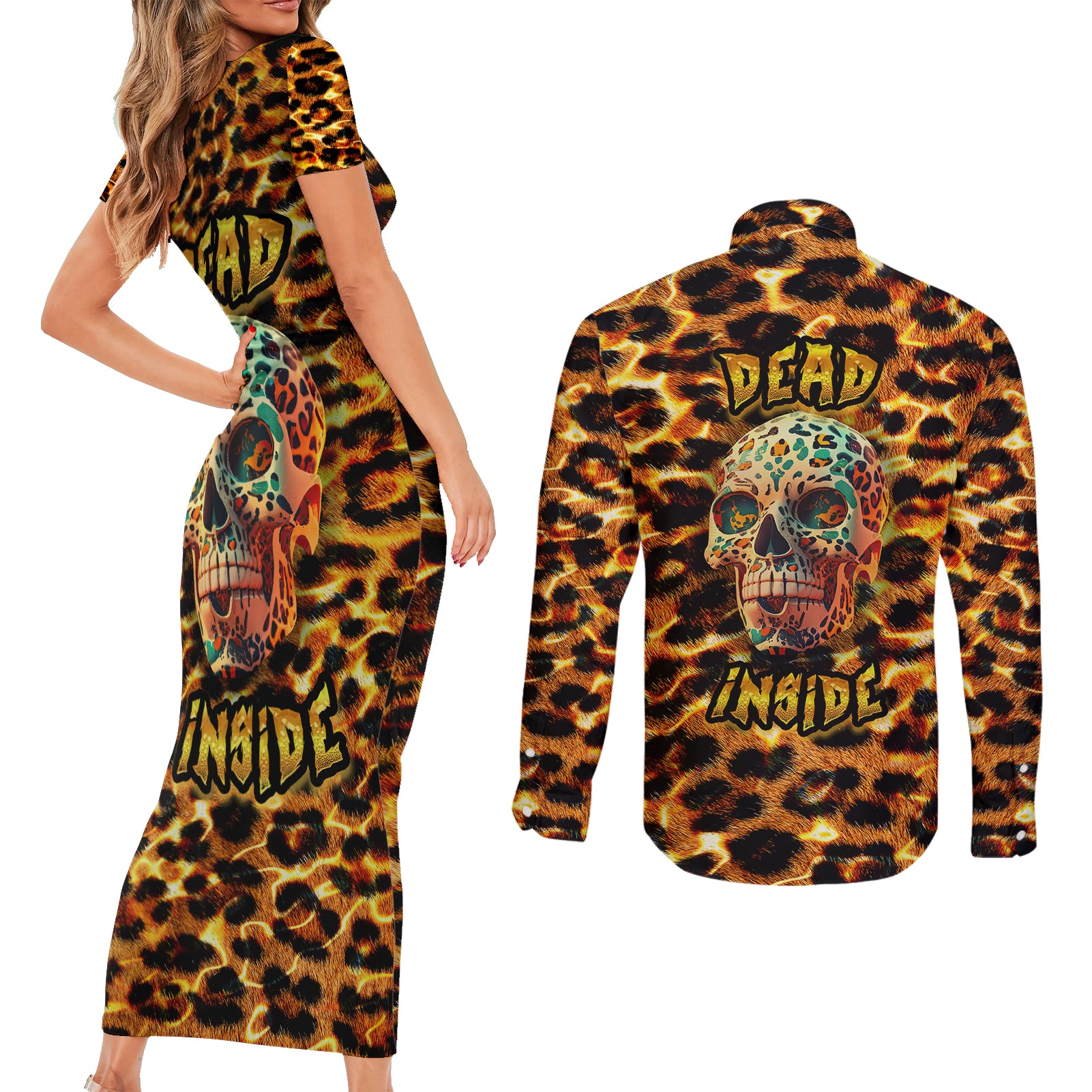 leopard-skull-couples-matching-short-sleeve-bodycon-dress-and-long-sleeve-button-shirts-dead-inside