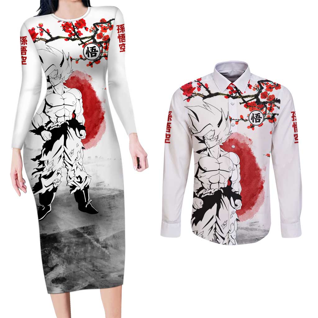 Goku - Dragon Ball Couples Matching Long Sleeve Bodycon Dress and Long Sleeve Button Shirt Japan Cherry Blossom Style