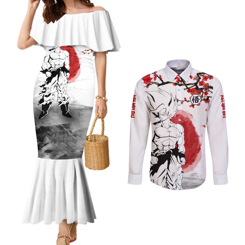 Goku - Dragon Ball Couples Matching Mermaid Dress and Long Sleeve Button Shirt Japan Cherry Blossom Style