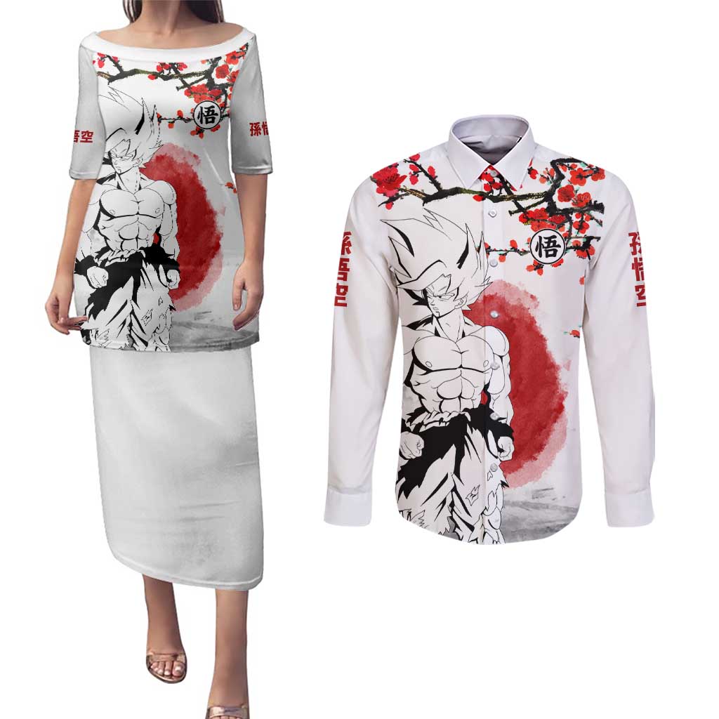 Goku - Dragon Ball Couples Matching Puletasi and Long Sleeve Button Shirt Japan Cherry Blossom Style