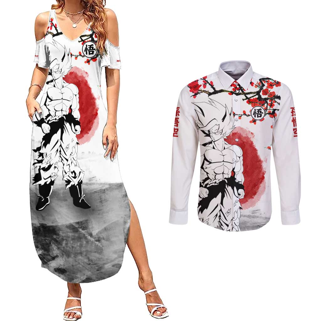 Goku - Dragon Ball Couples Matching Summer Maxi Dress and Long Sleeve Button Shirt Japan Cherry Blossom Style