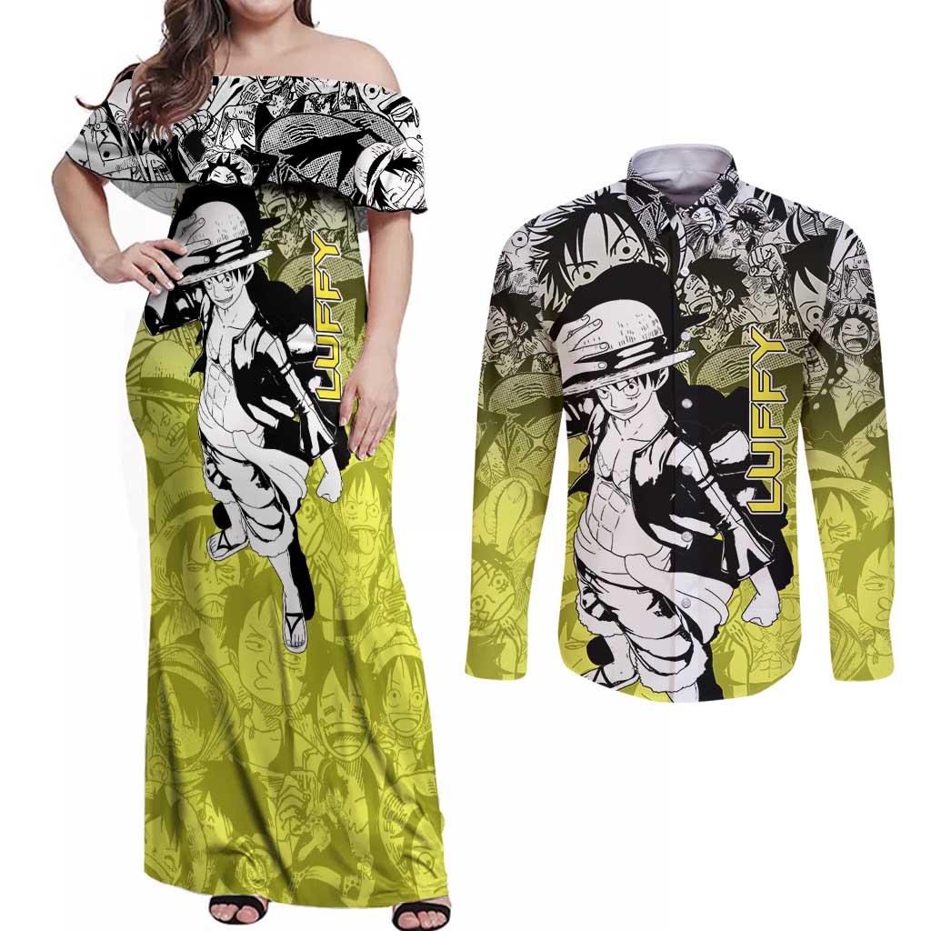 Monkey D. Luffy - One Piece Couples Matching Off Shoulder Maxi Dress and Long Sleeve Button Shirt Manga Style