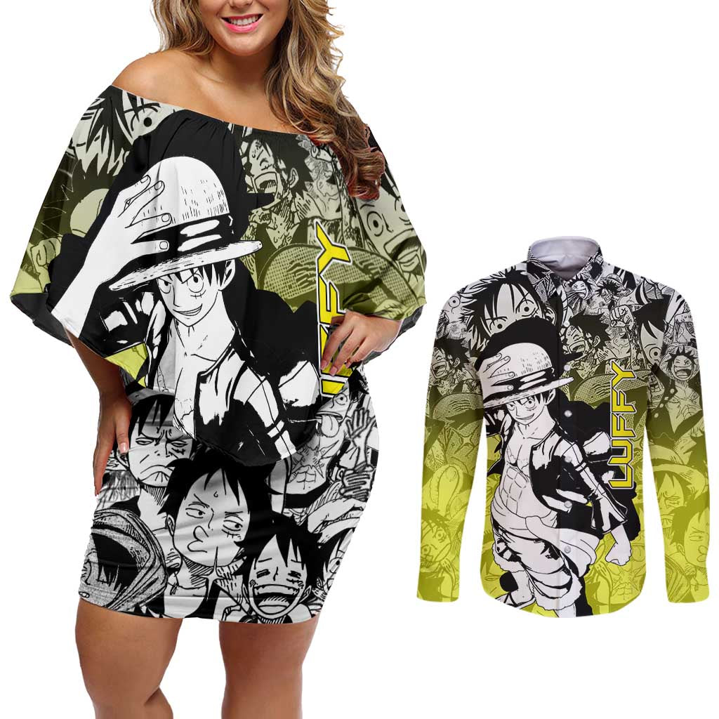 Monkey D. Luffy - One Piece Couples Matching Off Shoulder Short Dress and Long Sleeve Button Shirt Manga Style