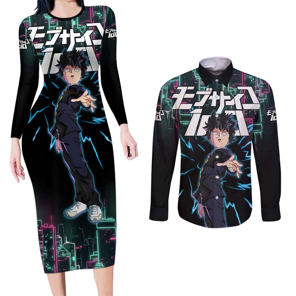 Ritsu Kageyama - Mob Psycho 100 Couples Matching Long Sleeve Bodycon Dress and Long Sleeve Button Shirt Anime Style