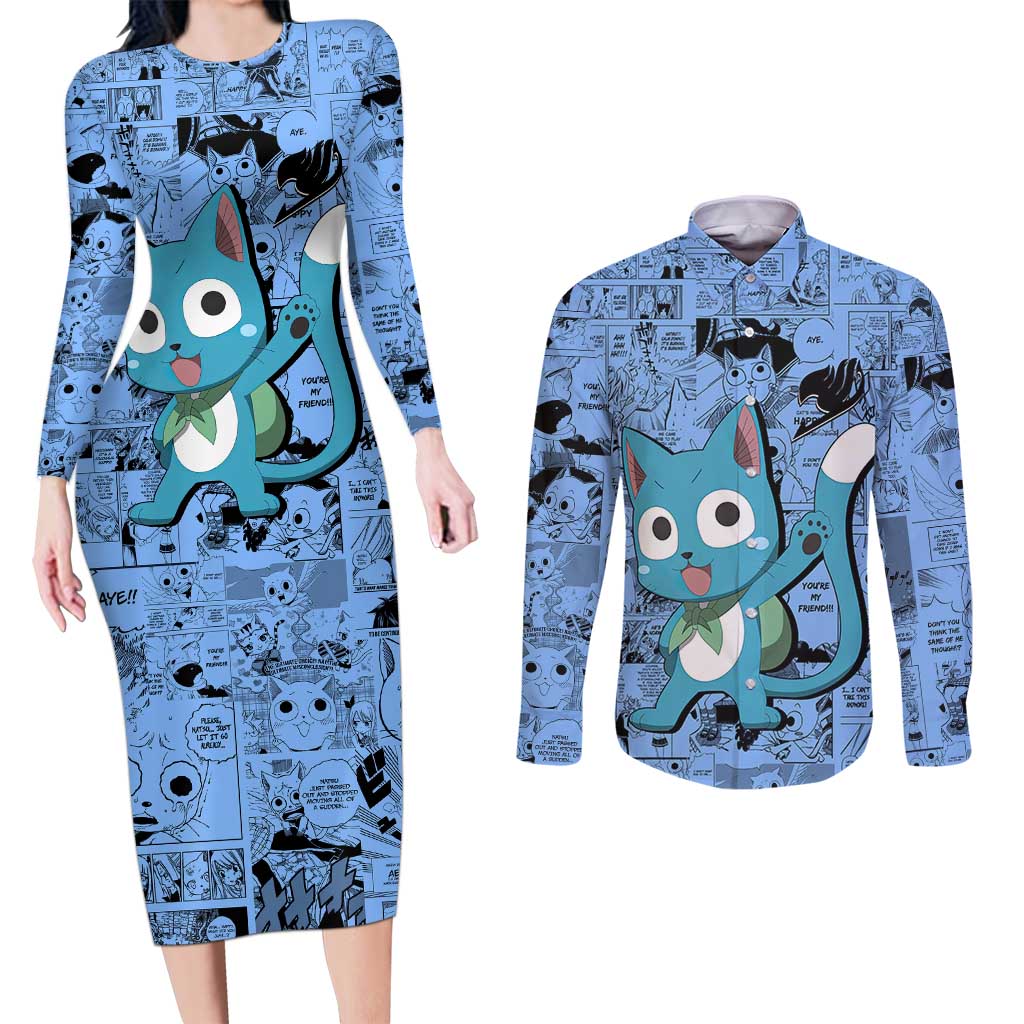 Happy - Fairy Tail Couples Matching Long Sleeve Bodycon Dress and Long Sleeve Button Shirt Anime Mix Manga Style