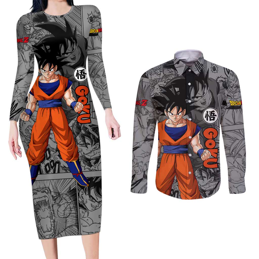 Goku - Dragon Ball Couples Matching Long Sleeve Bodycon Dress and Long Sleeve Button Shirt Anime Mix Manga Style