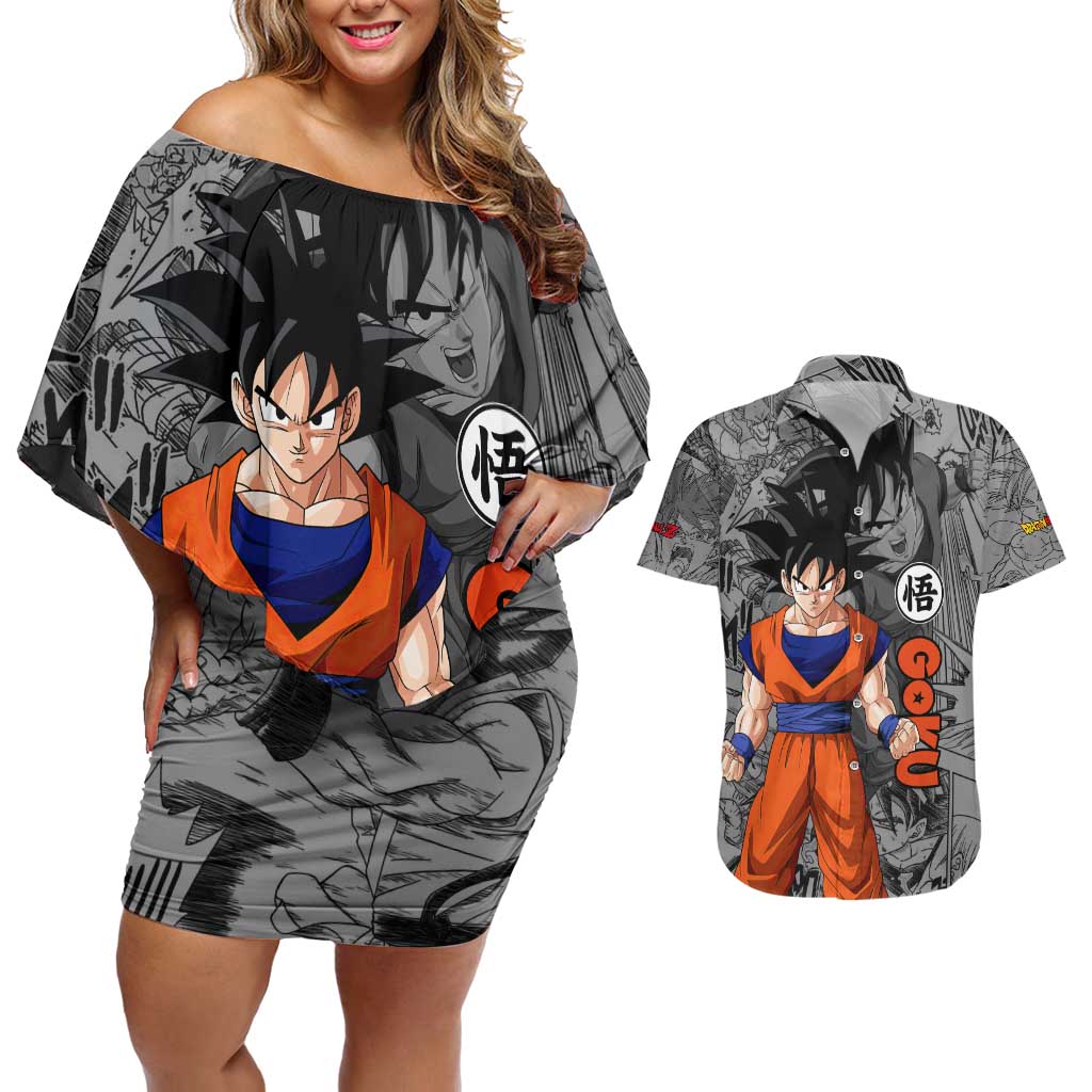 Goku - Dragon Ball Couples Matching Off Shoulder Short Dress and Hawaiian Shirt Anime Mix Manga Style