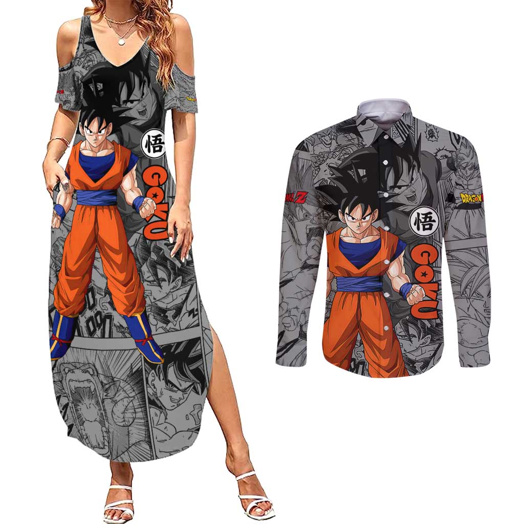 Goku - Dragon Ball Couples Matching Summer Maxi Dress and Long Sleeve Button Shirt Anime Mix Manga Style