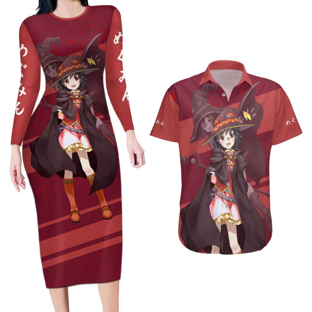 Megumin KonoSuba Couples Matching Long Sleeve Bodycon Dress and Hawaiian Shirt Mix Anime Style