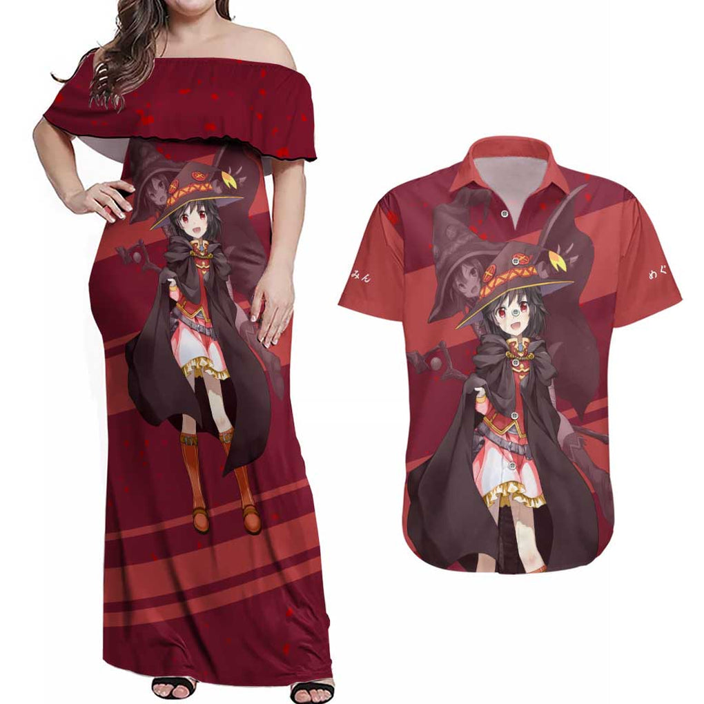 Megumin KonoSuba Couples Matching Off Shoulder Maxi Dress and Hawaiian Shirt Mix Anime Style