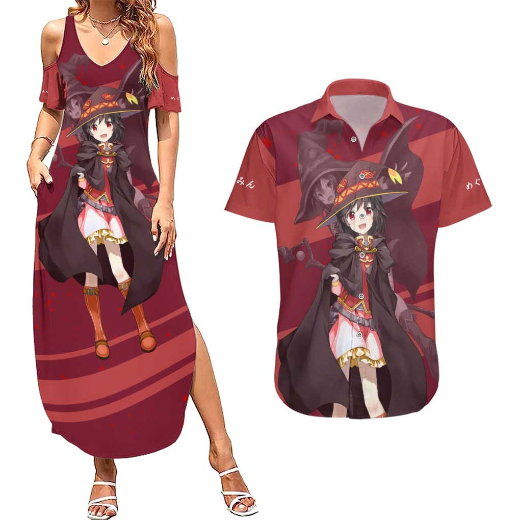 Megumin KonoSuba Couples Matching Summer Maxi Dress and Hawaiian Shirt Mix Anime Style