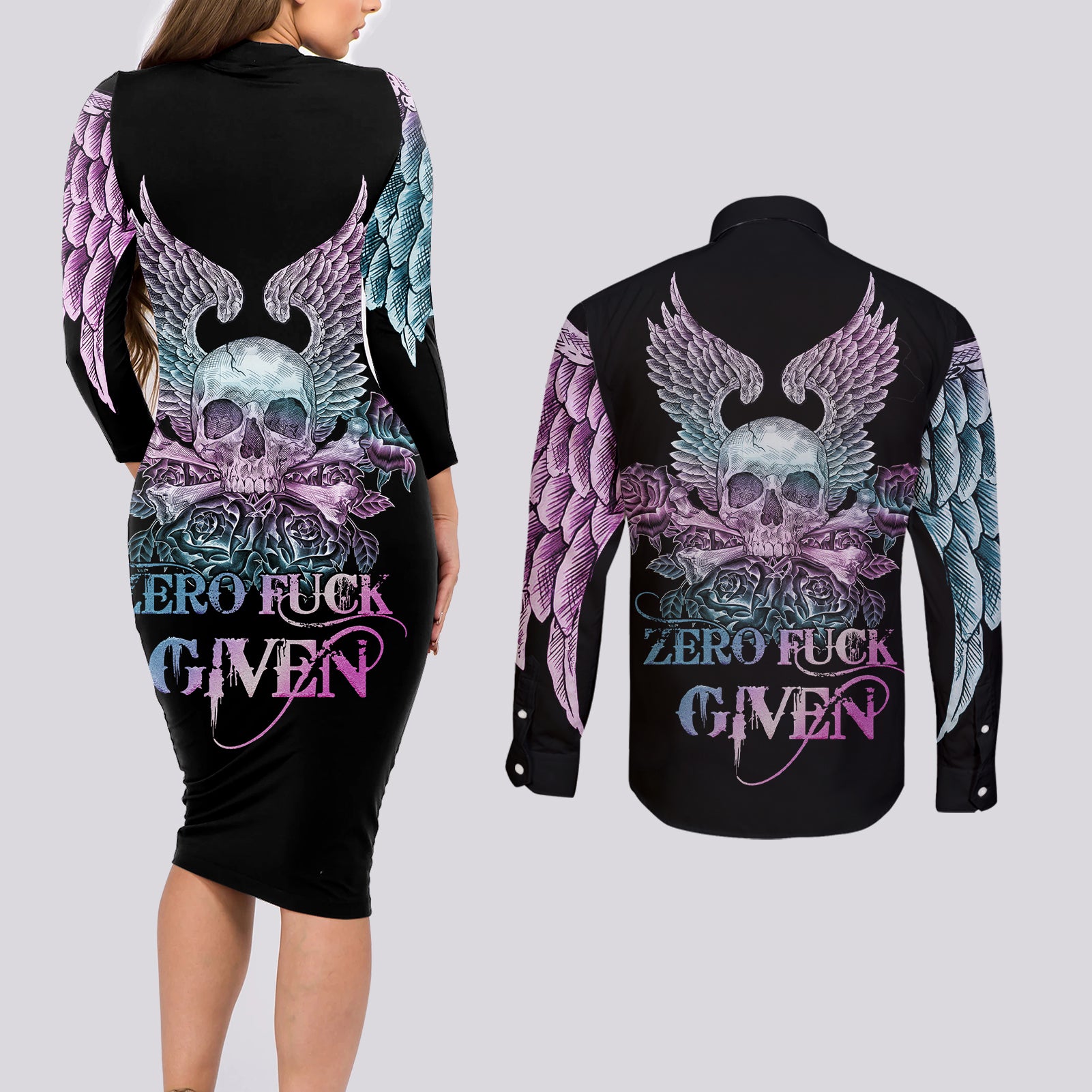 skull-wings-roses-zero-fuck-given-couples-matching-long-sleeve-bodycon-dress-and-long-sleeve-button-shirt