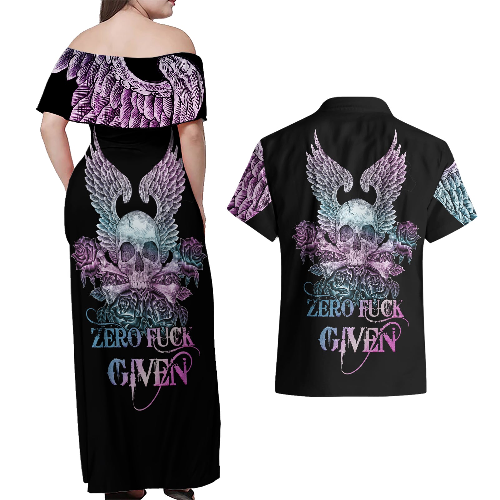 skull-wings-roses-zero-fuck-given-couples-matching-off-shoulder-maxi-dress-and-hawaiian-shirt