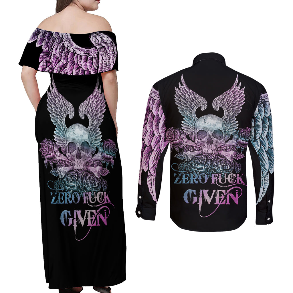 skull-wings-roses-zero-fuck-given-couples-matching-off-shoulder-maxi-dress-and-long-sleeve-button-shirt