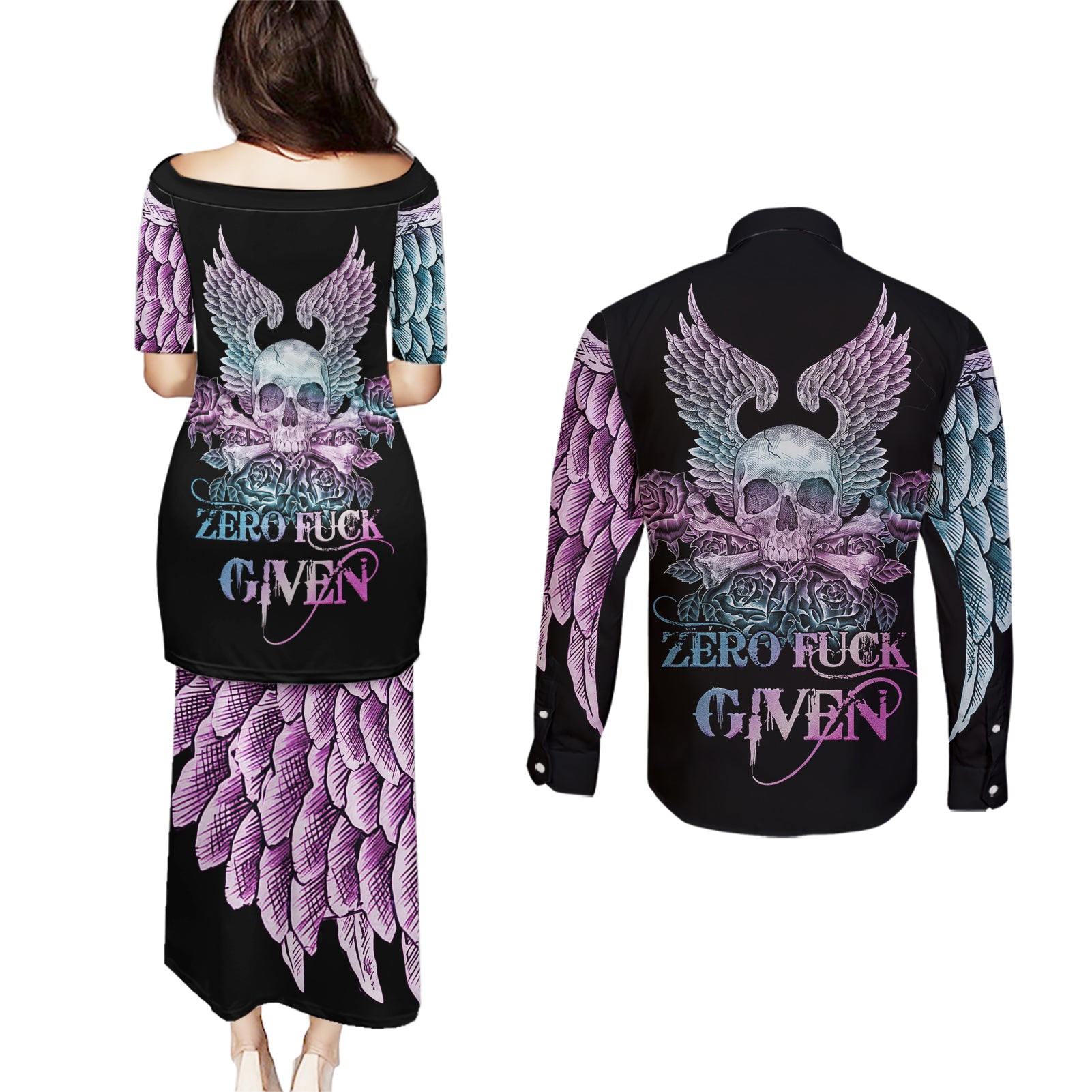 skull-wings-roses-zero-fuck-given-couples-matching-puletasi-dress-and-long-sleeve-button-shirt