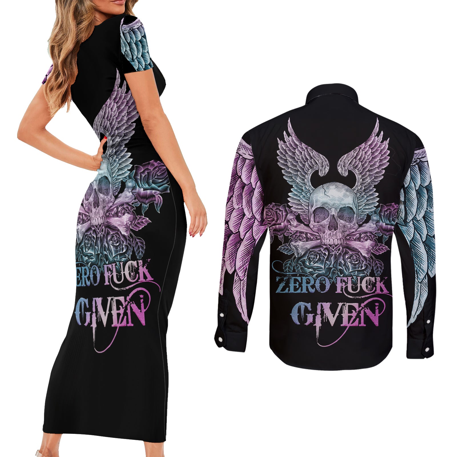 skull-wings-roses-zero-fuck-given-couples-matching-short-sleeve-bodycon-dress-and-long-sleeve-button-shirt