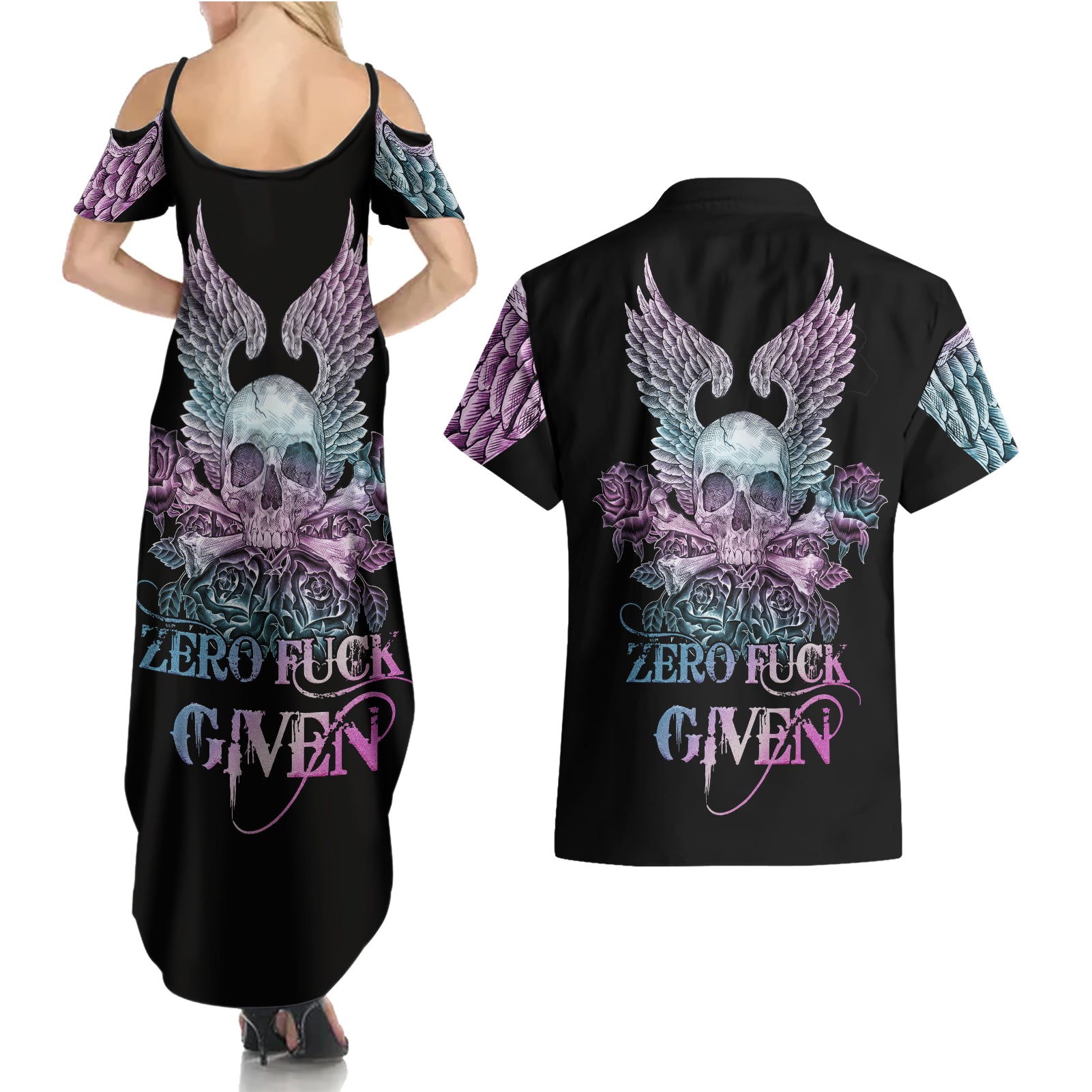 skull-wings-roses-zero-fuck-given-couples-matching-summer-maxi-dress-and-hawaiian-shirt