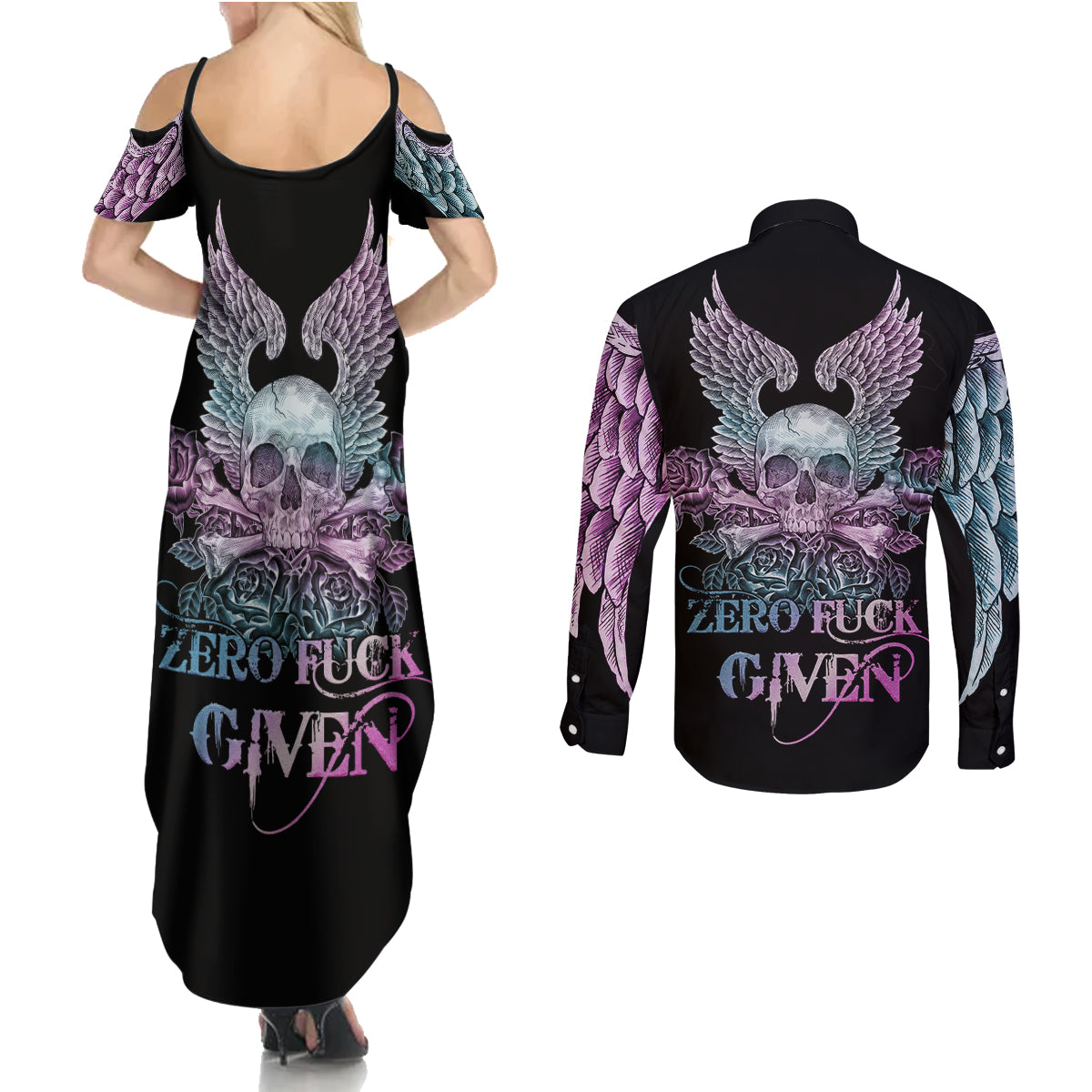 skull-wings-roses-zero-fuck-given-couples-matching-summer-maxi-dress-and-long-sleeve-button-shirt