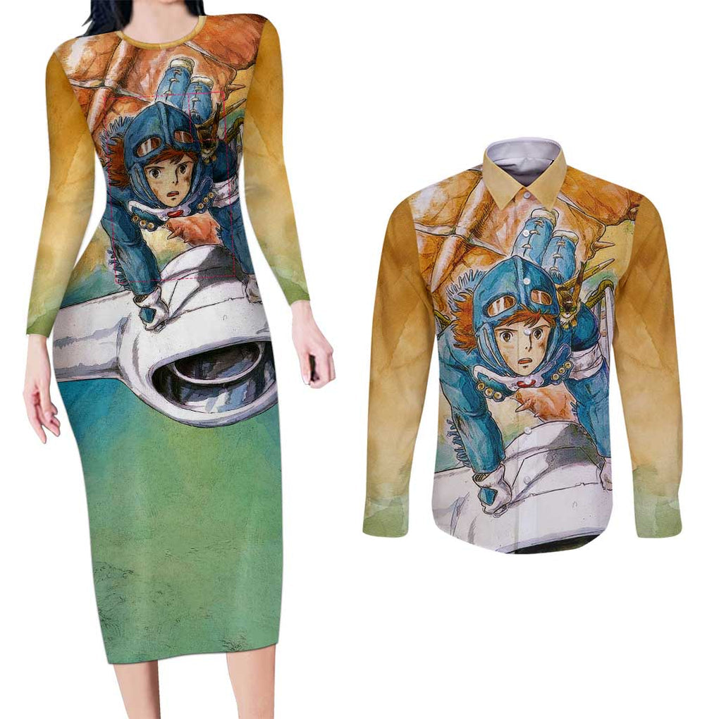 Trippy Nausicaa of the Valley of the Wind Studio Ghibli Couples Matching Long Sleeve Bodycon Dress and Long Sleeve Button Shirt Trippy Style