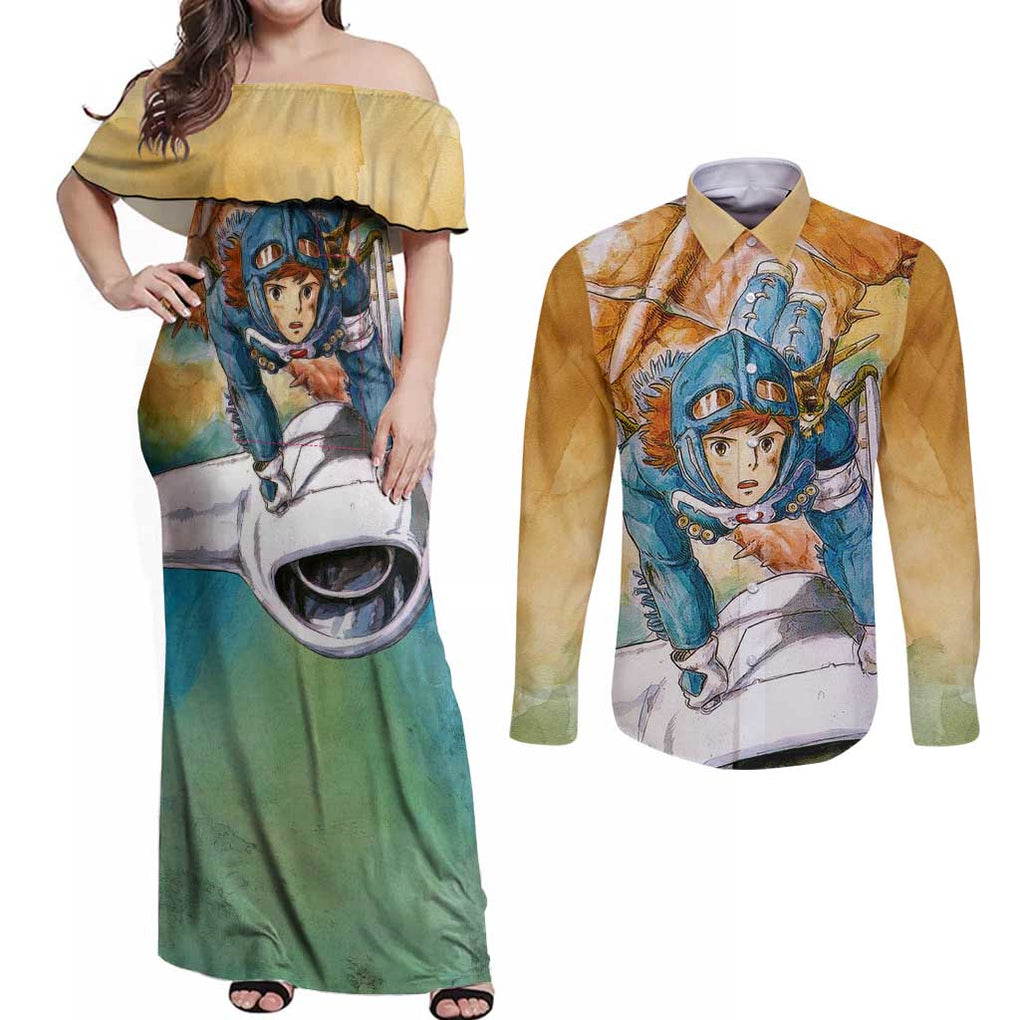 Trippy Nausicaa of the Valley of the Wind Studio Ghibli Couples Matching Off Shoulder Maxi Dress and Long Sleeve Button Shirt Trippy Style