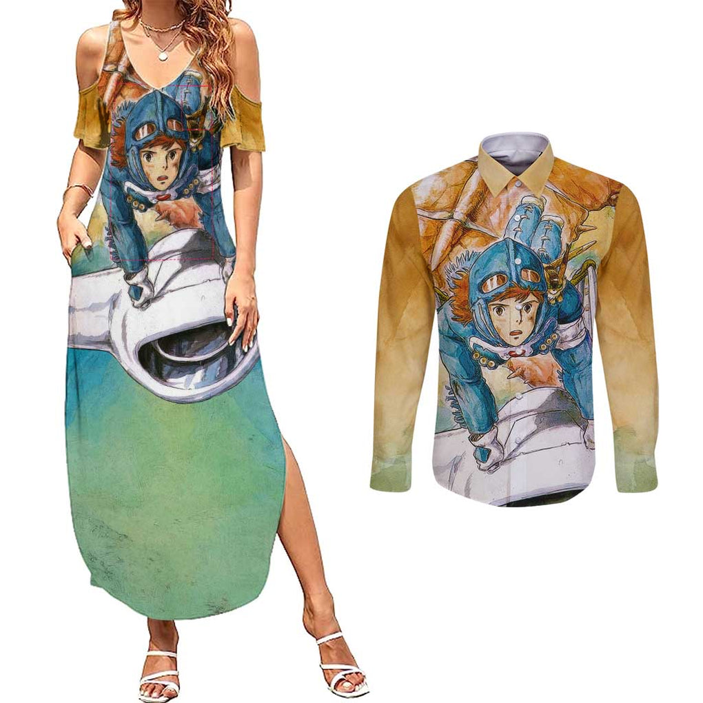 Trippy Nausicaa of the Valley of the Wind Studio Ghibli Couples Matching Summer Maxi Dress and Long Sleeve Button Shirt Trippy Style