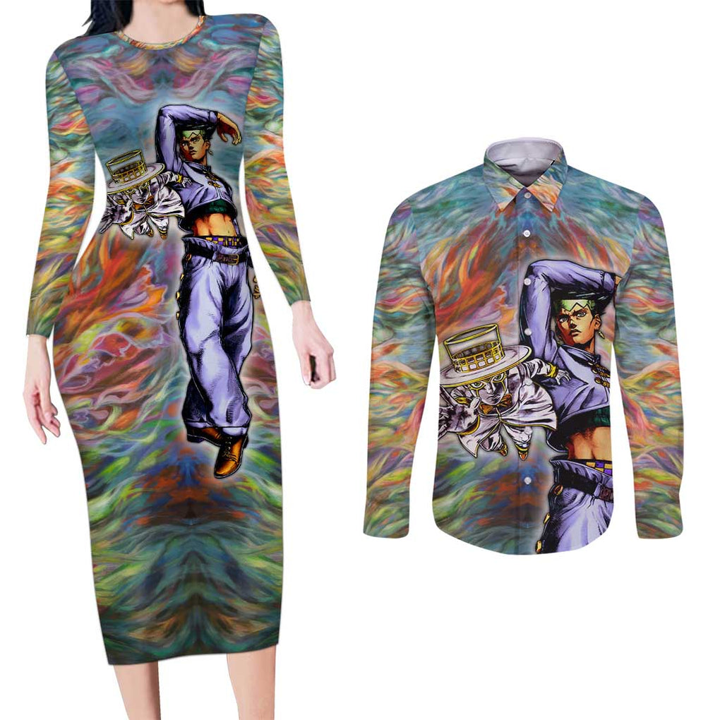 Trippy Rohan Kishibe Heaven’s Door Jojo’s Bizarre Couples Matching Long Sleeve Bodycon Dress and Long Sleeve Button Shirt Trippy Style