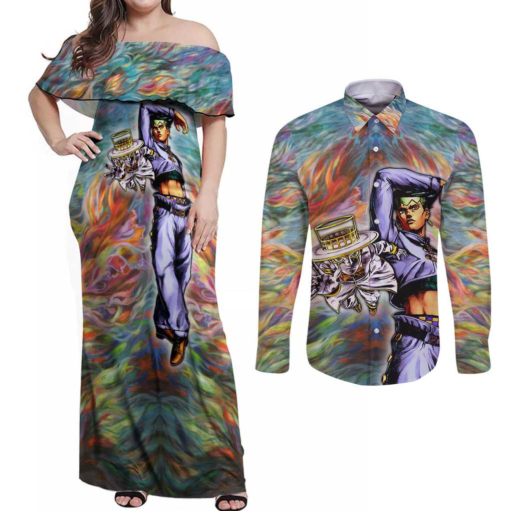 Trippy Rohan Kishibe Heaven’s Door Jojo’s Bizarre Couples Matching Off Shoulder Maxi Dress and Long Sleeve Button Shirt Trippy Style