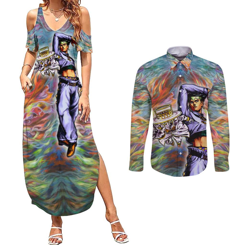 Trippy Rohan Kishibe Heaven’s Door Jojo’s Bizarre Couples Matching Summer Maxi Dress and Long Sleeve Button Shirt Trippy Style