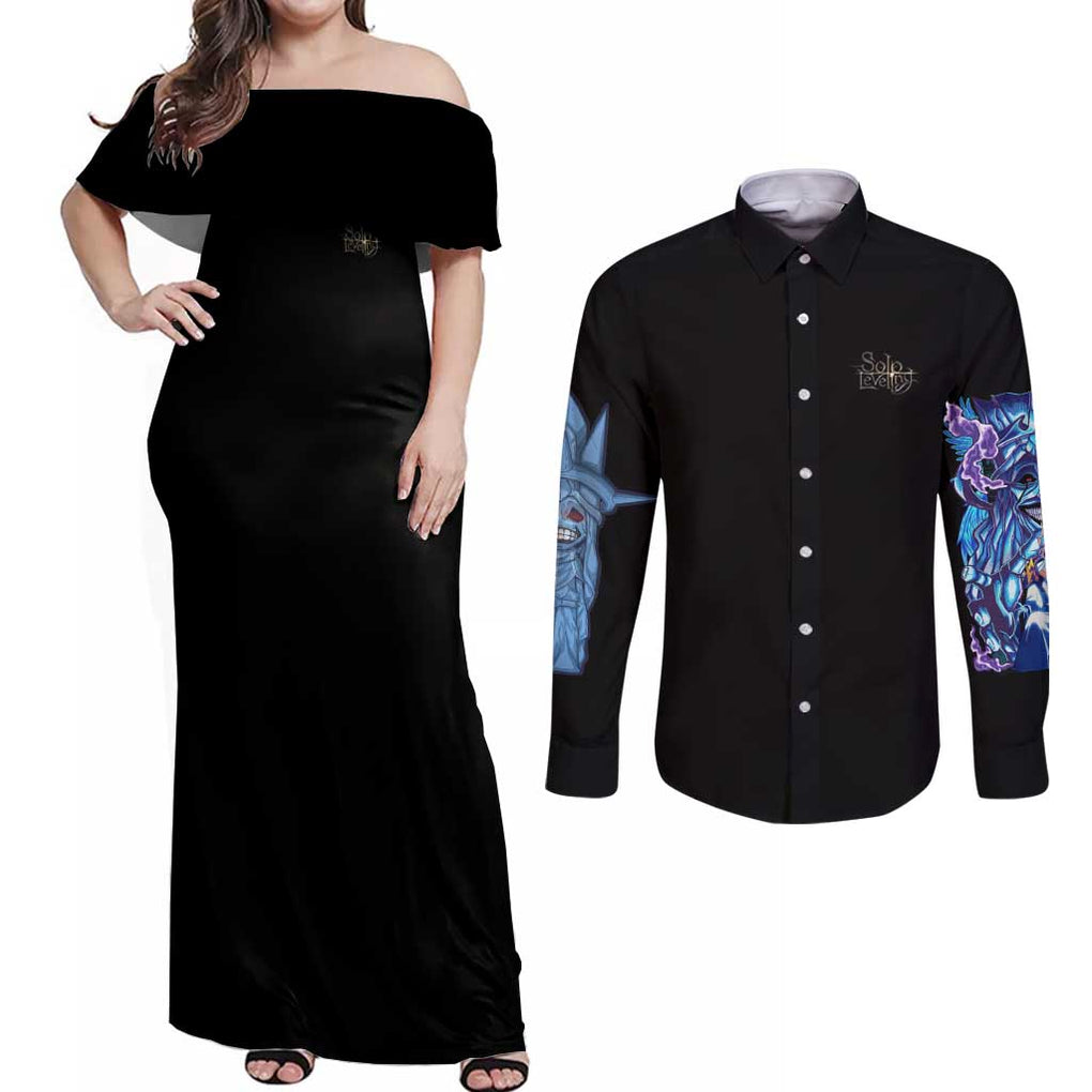 Statue of God - Solo Leveling Couples Matching Off Shoulder Maxi Dress and Long Sleeve Button Shirt Japan Anime Style