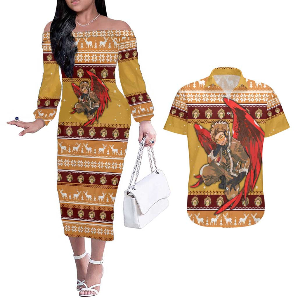 Hawks - My Hero Academia Couples Matching Off The Shoulder Long Sleeve Dress and Hawaiian Shirt Anime Mix Christmas Style