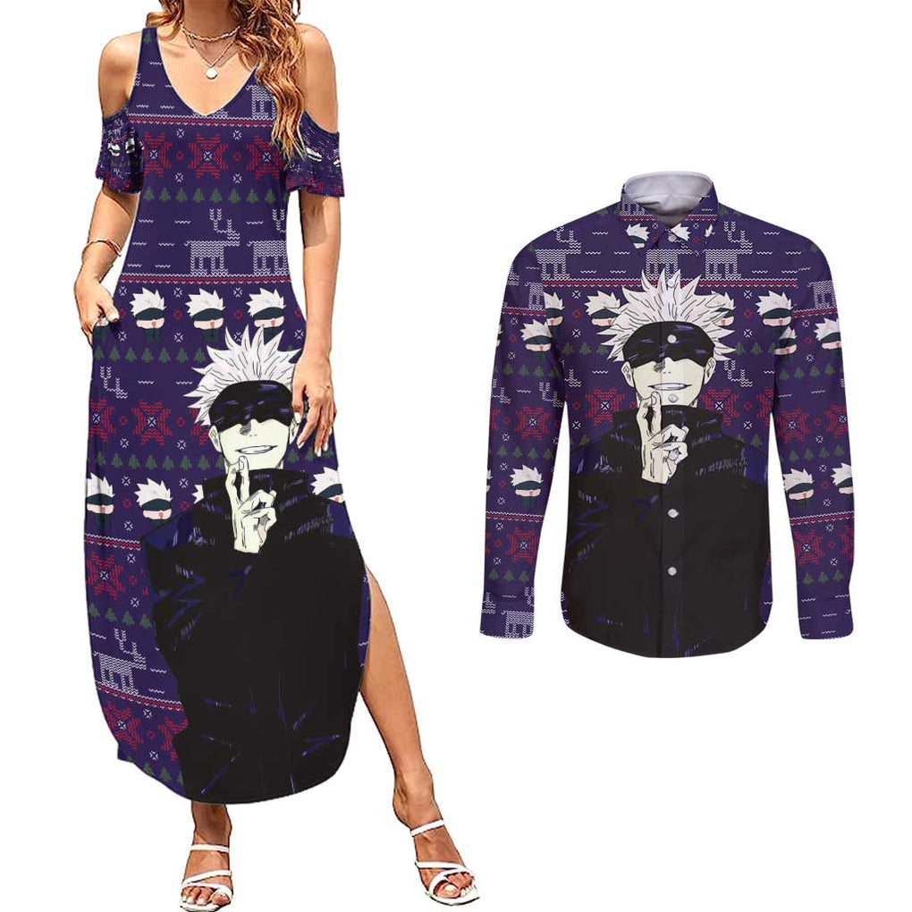 Gojo Satoru Ugly Christmas - Jujutsu Kaisen Couples Matching Summer Maxi Dress and Long Sleeve Button Shirt Anime Mix Christmas Style