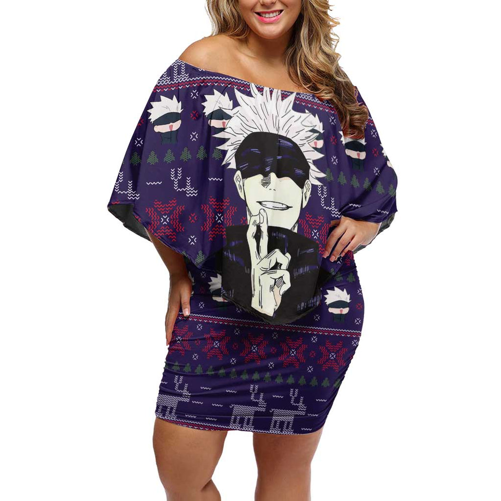 Gojo Satoru Ugly Christmas - Jujutsu Kaisen Off Shoulder Short Dress Anime Mix Christmas Style